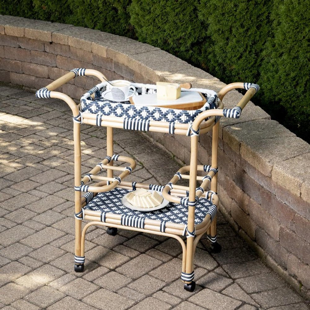 Navy Blue White and Natural Rolling Rattan Bar Cart - 35-inch