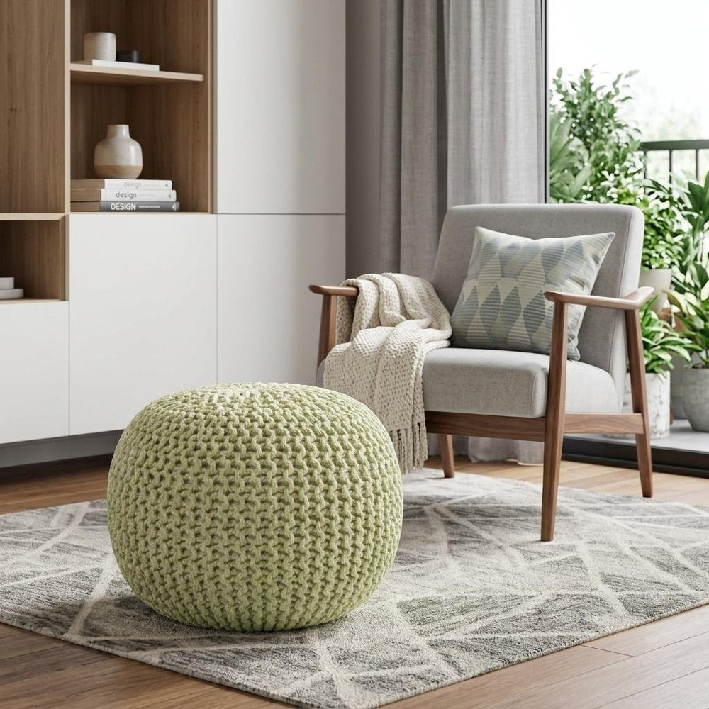 Green Wool Round Pouf Ottoman - 19-inch