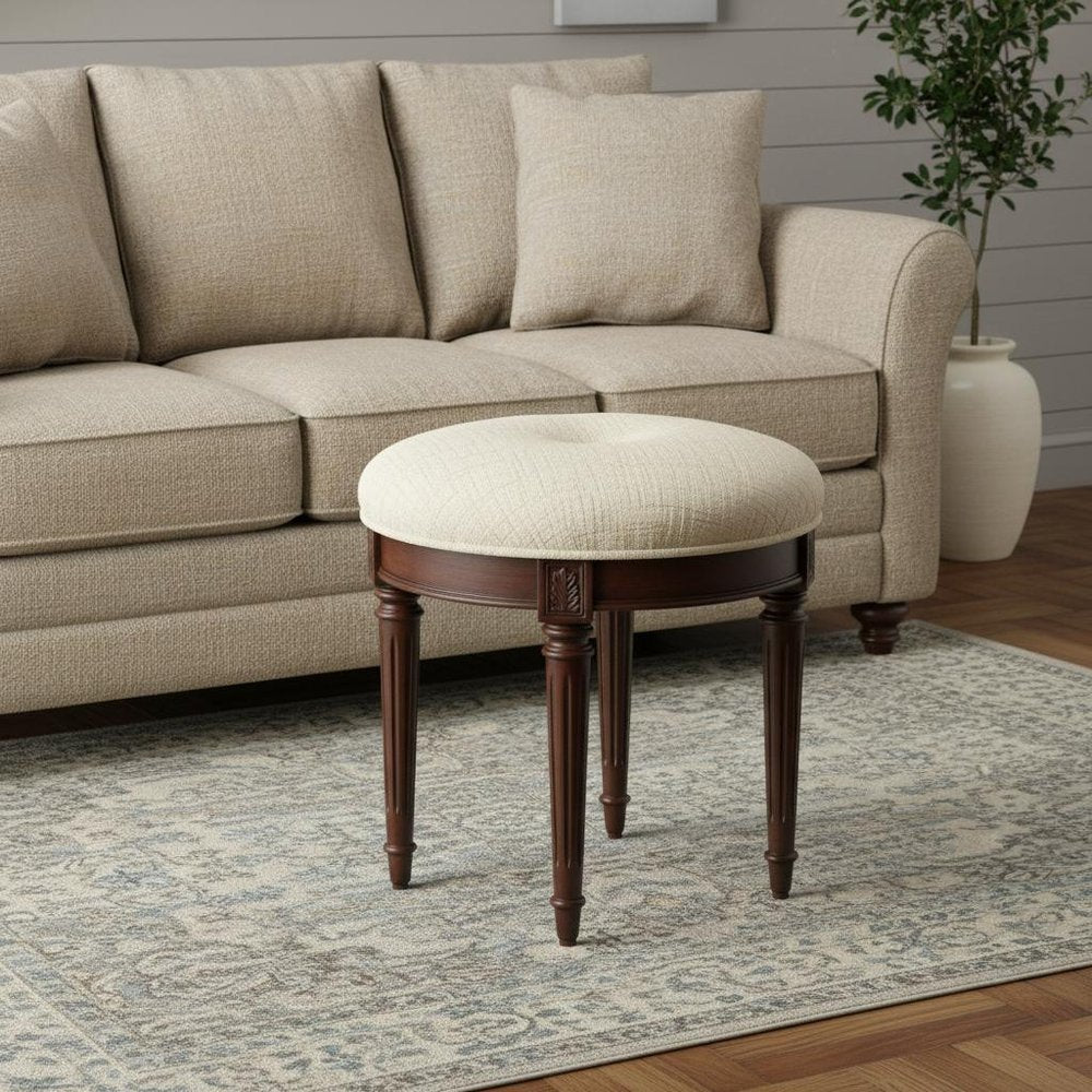 Off White Linen and Dark Brown Ottoman - 18-inch