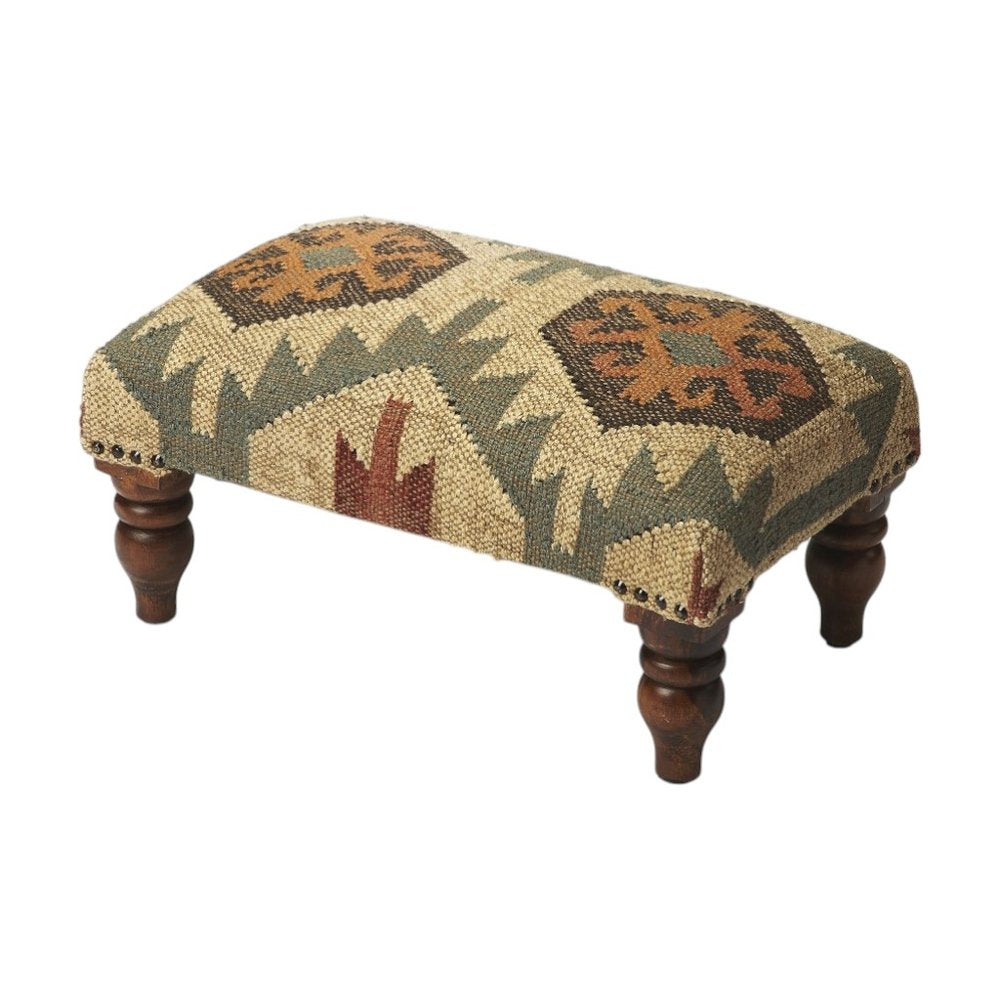 Beige Brown and Green Jute and Wool Southwestern Footstool - 20-inch