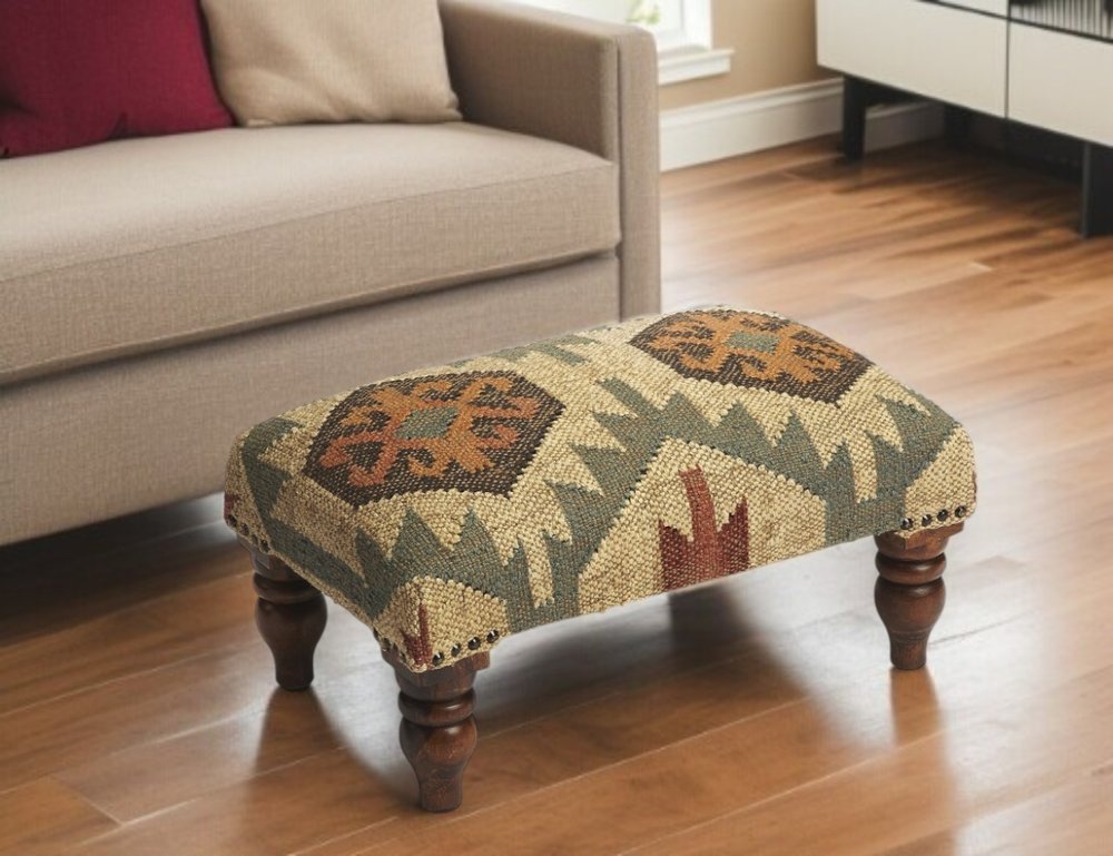 Beige Brown and Green Jute and Wool Southwestern Footstool - 20-inch