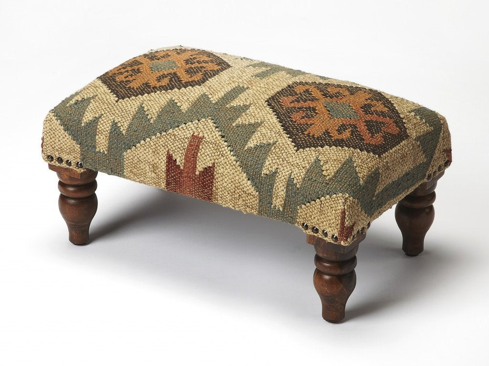Beige Brown and Green Jute and Wool Southwestern Footstool - 20-inch