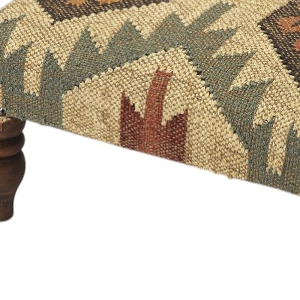 Beige Brown and Green Jute and Wool Southwestern Footstool - 20-inch