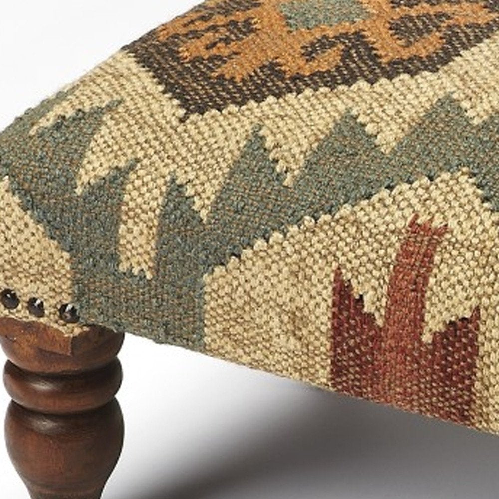 Beige Brown and Green Jute and Wool Southwestern Footstool - 20-inch