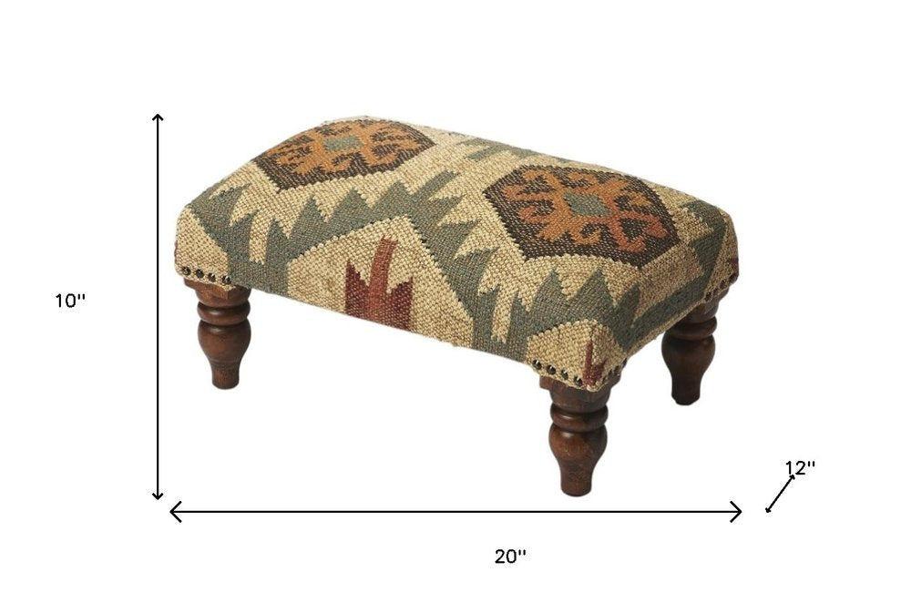 Beige Brown and Green Jute and Wool Southwestern Footstool - 20-inch