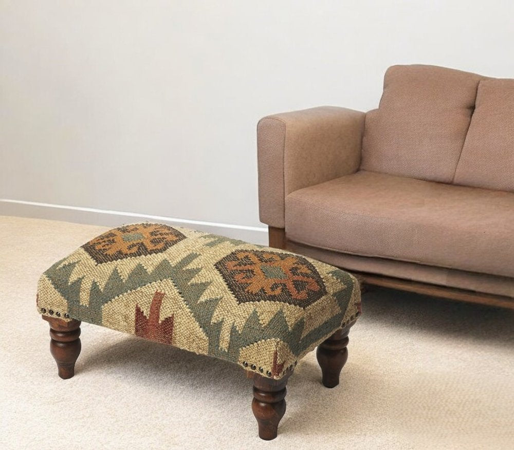 Beige Brown and Green Jute and Wool Southwestern Footstool - 20-inch