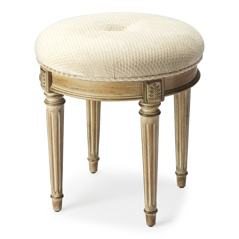 Ivory Polyester Blend and Brown Ottoman - 18-inch