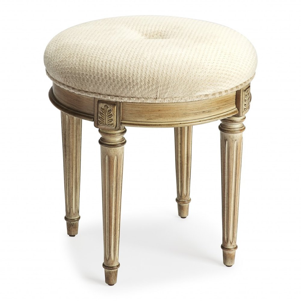 Ivory Polyester Blend and Brown Ottoman - 18-inch