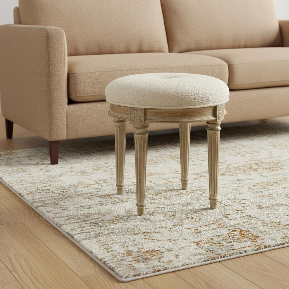 Ivory Polyester Blend and Brown Ottoman - 18-inch