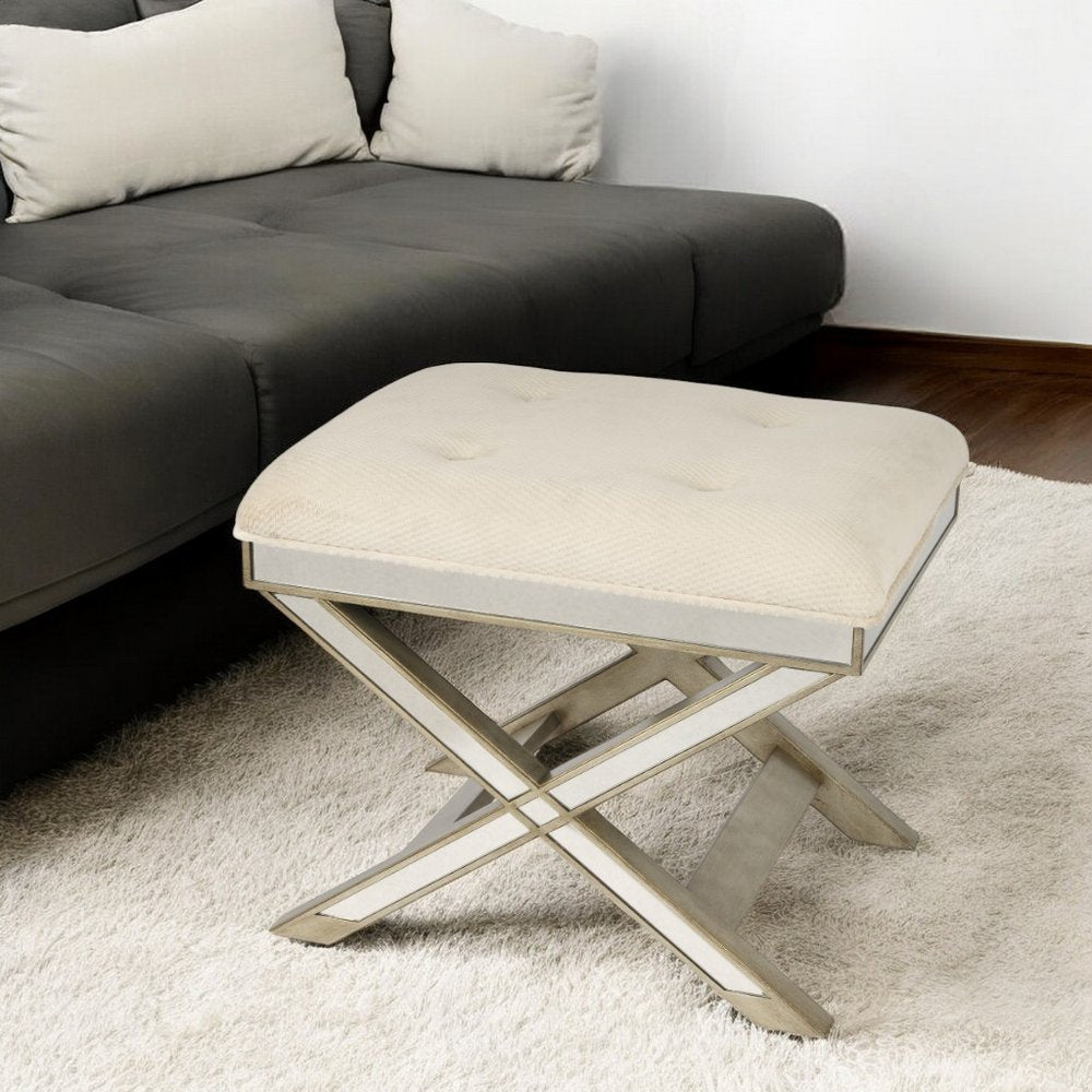 Ivory Cotton and Brown Tufted Ottoman - 26-inch