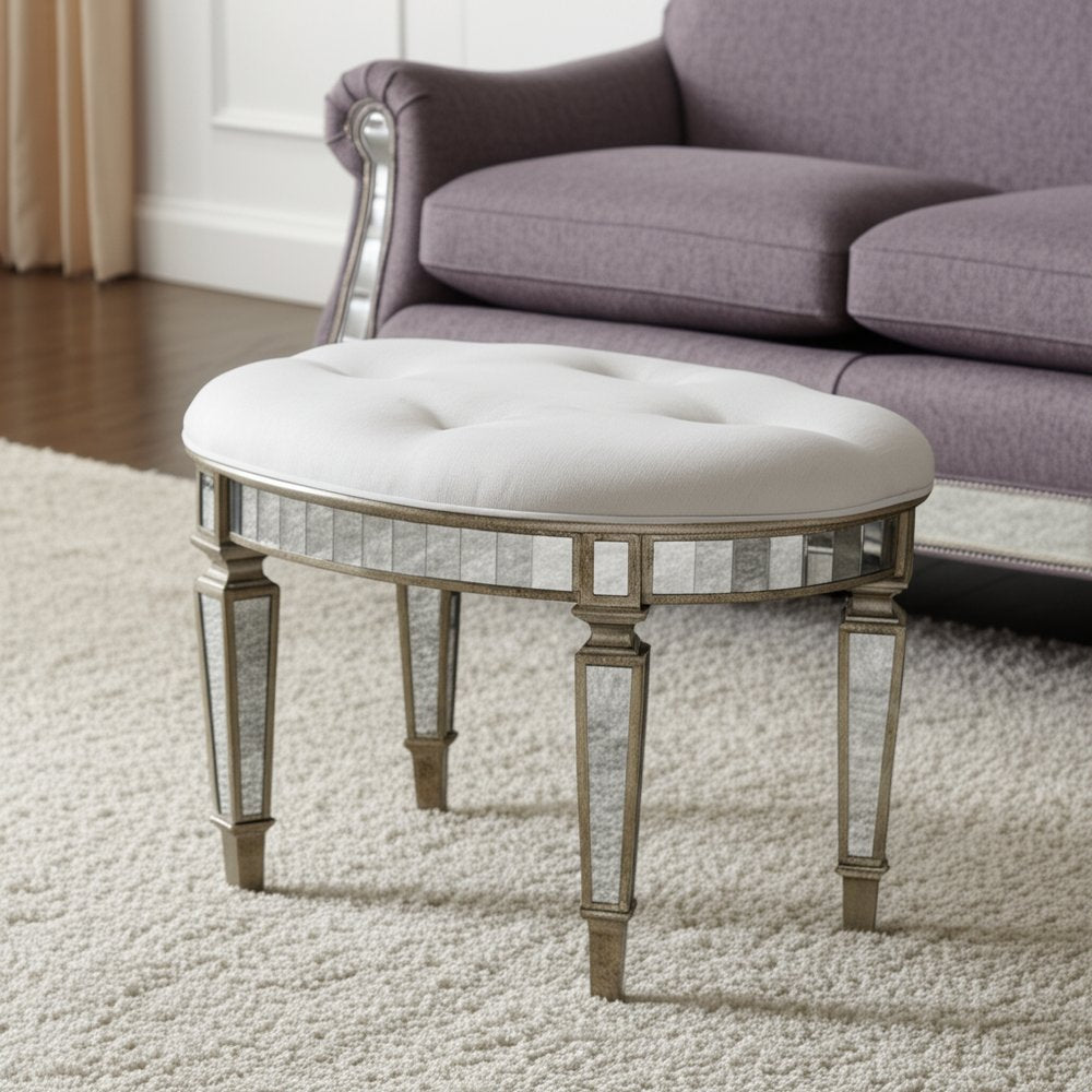 Cream Linen and Silver Metallic Round Ottoman - 24-inch