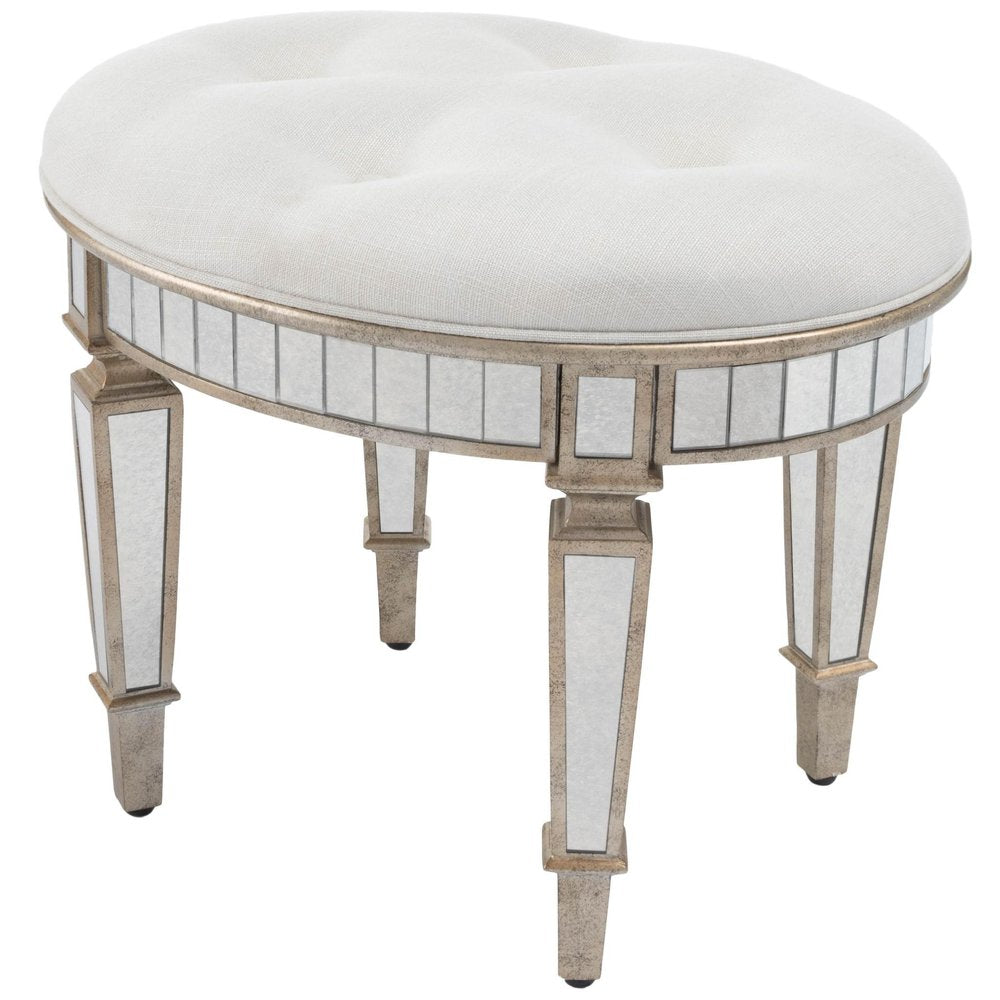 Cream Linen and Silver Metallic Round Ottoman - 24-inch