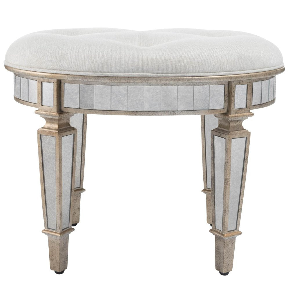 Cream Linen and Silver Metallic Round Ottoman - 24-inch