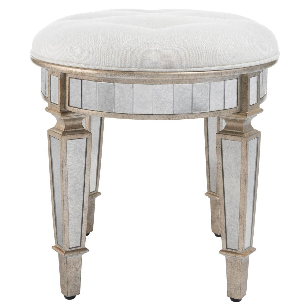 Cream Linen and Silver Metallic Round Ottoman - 24-inch