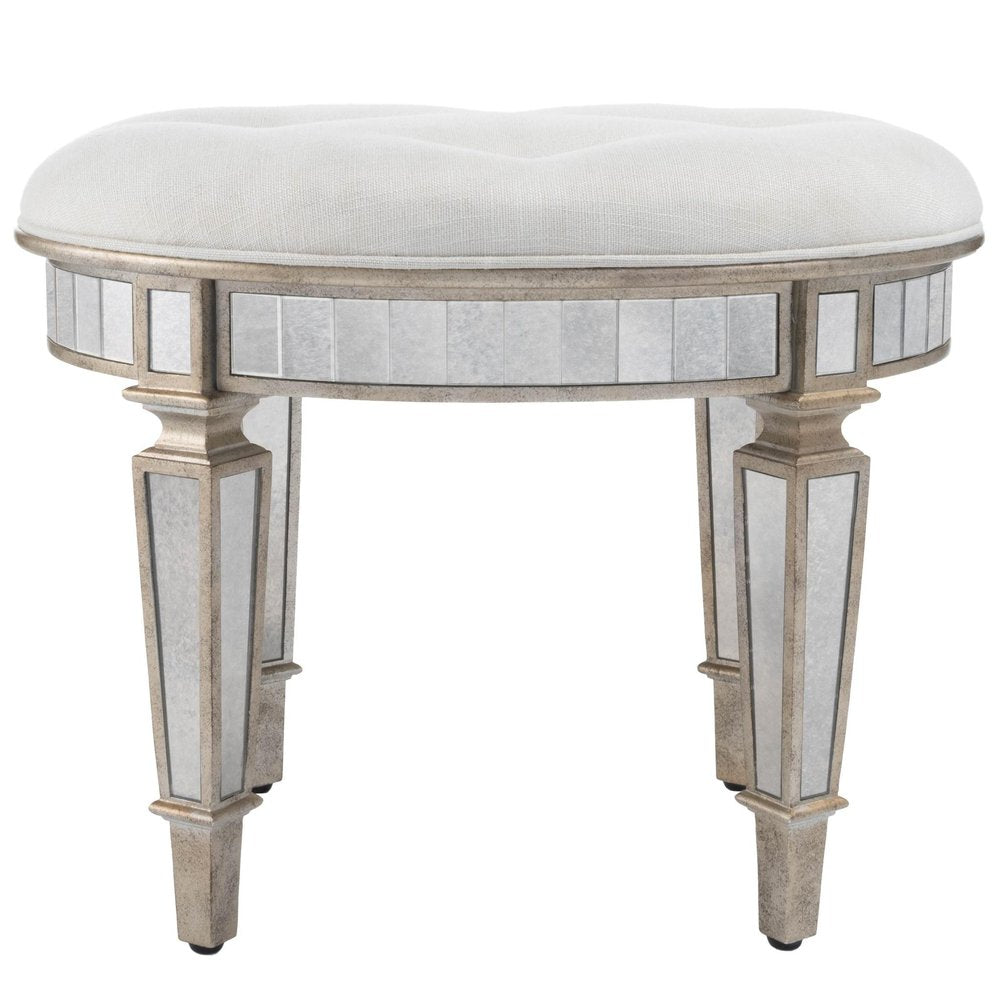Cream Linen and Silver Metallic Round Ottoman - 24-inch