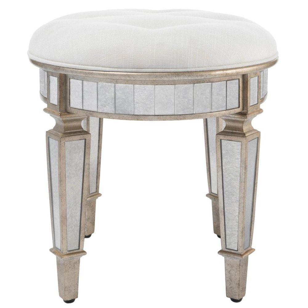 Cream Linen and Silver Metallic Round Ottoman - 24-inch