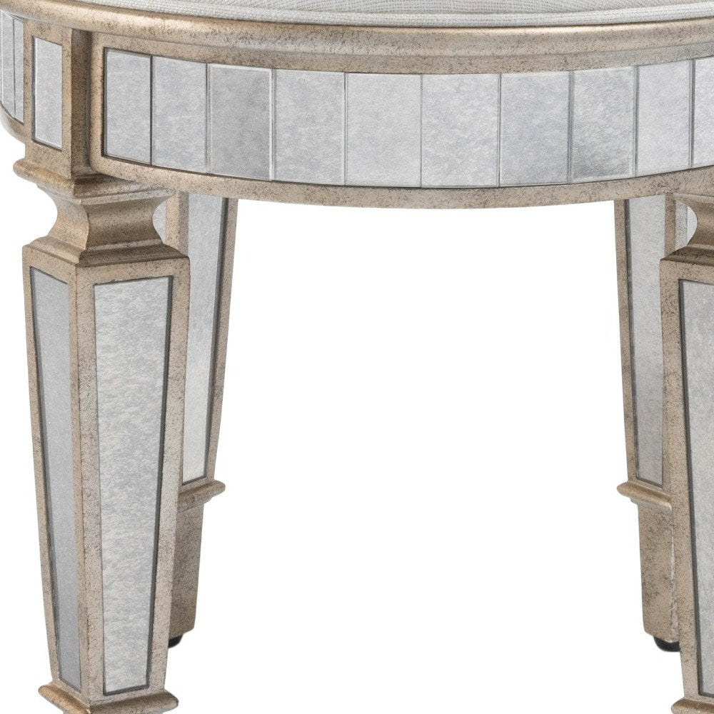 Cream Linen and Silver Metallic Round Ottoman - 24-inch