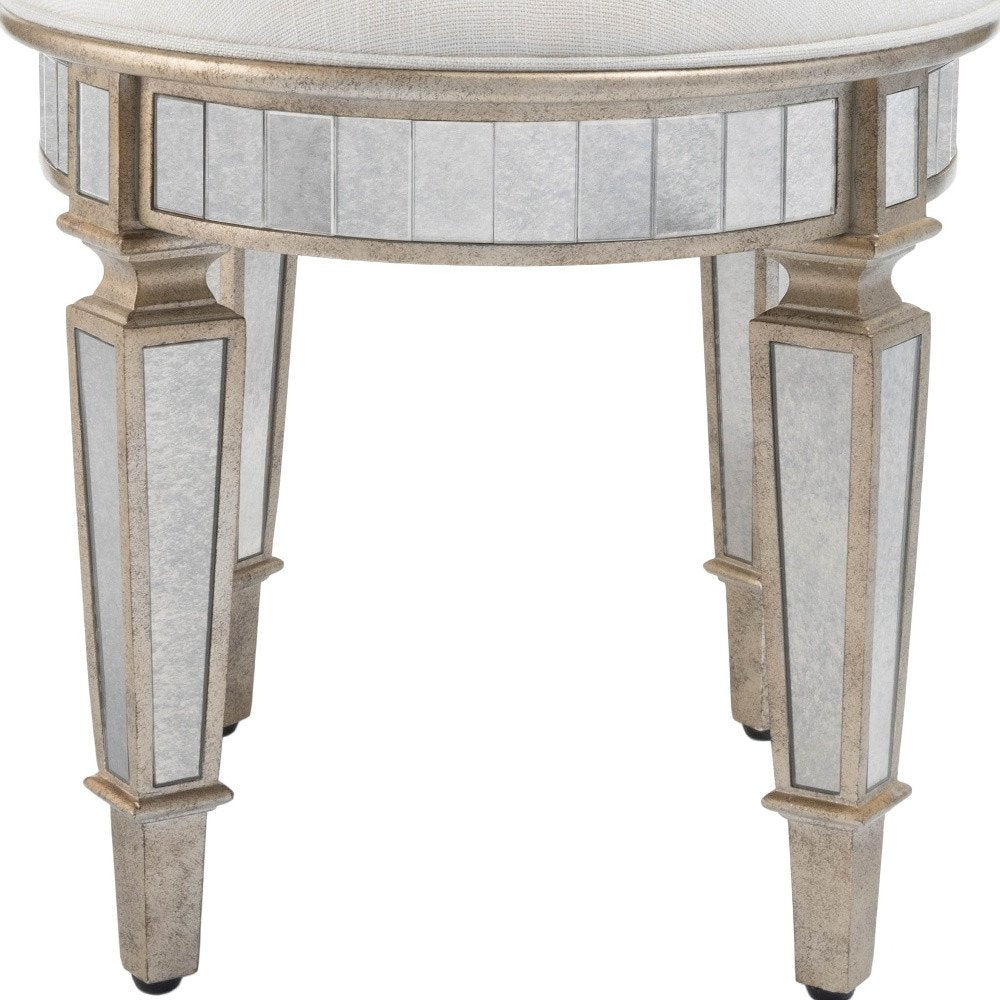 Cream Linen and Silver Metallic Round Ottoman - 24-inch