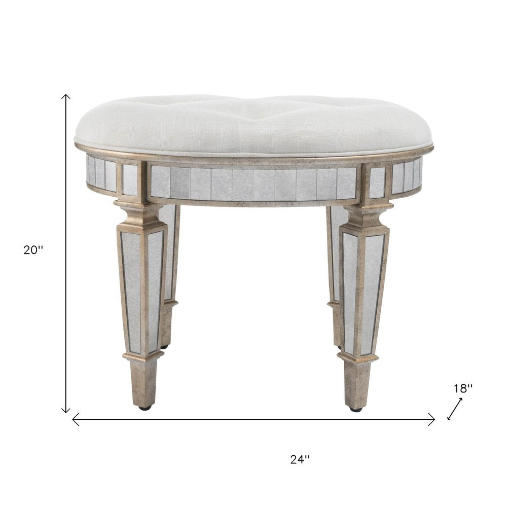 Cream Linen and Silver Metallic Round Ottoman - 24-inch