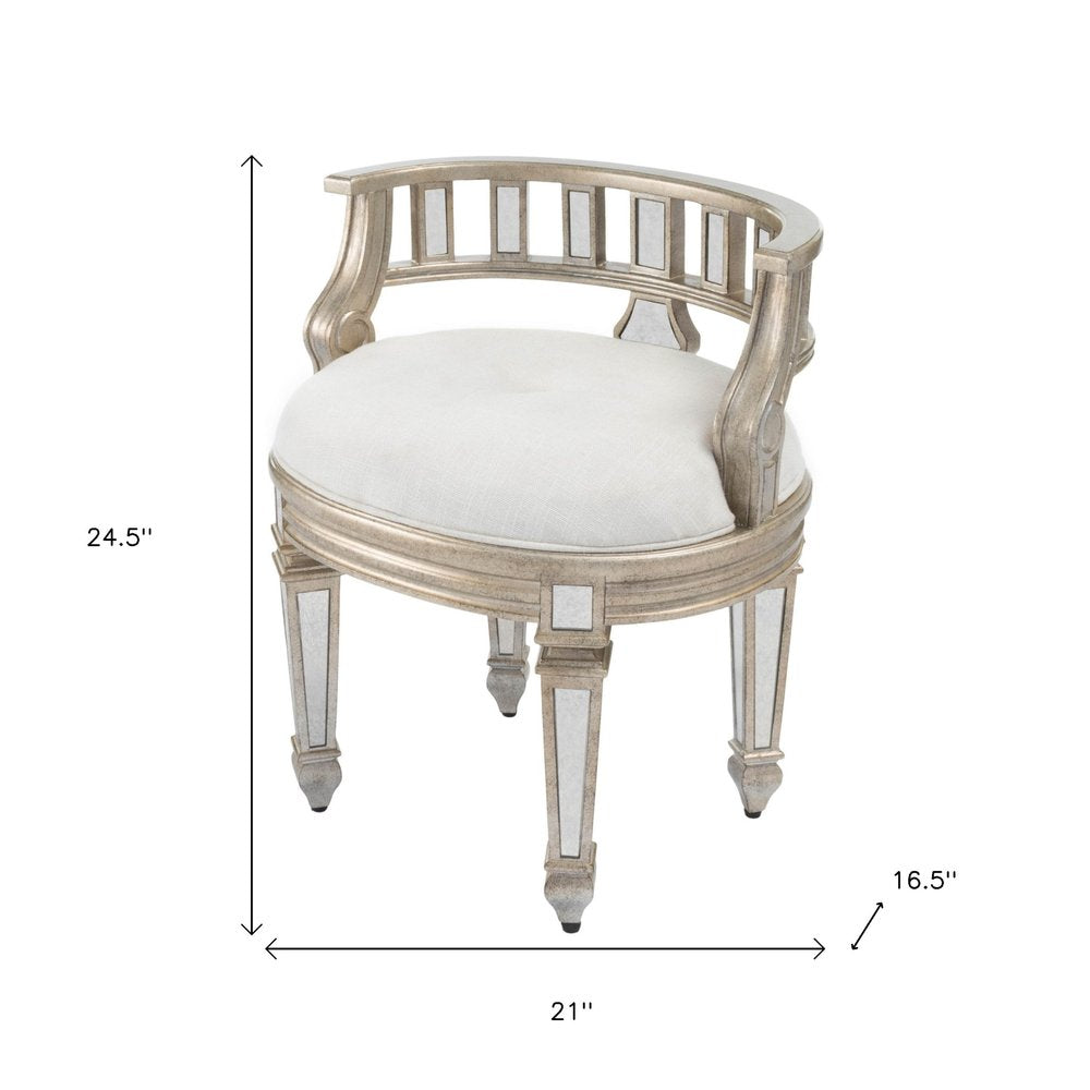 Cream Linen and Silver Metallic Round Ottoman - 21-inch