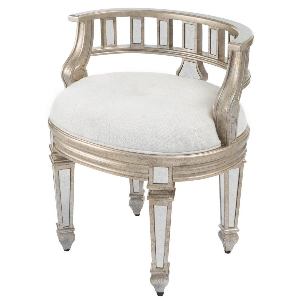 Cream Linen and Silver Metallic Round Ottoman - 21-inch