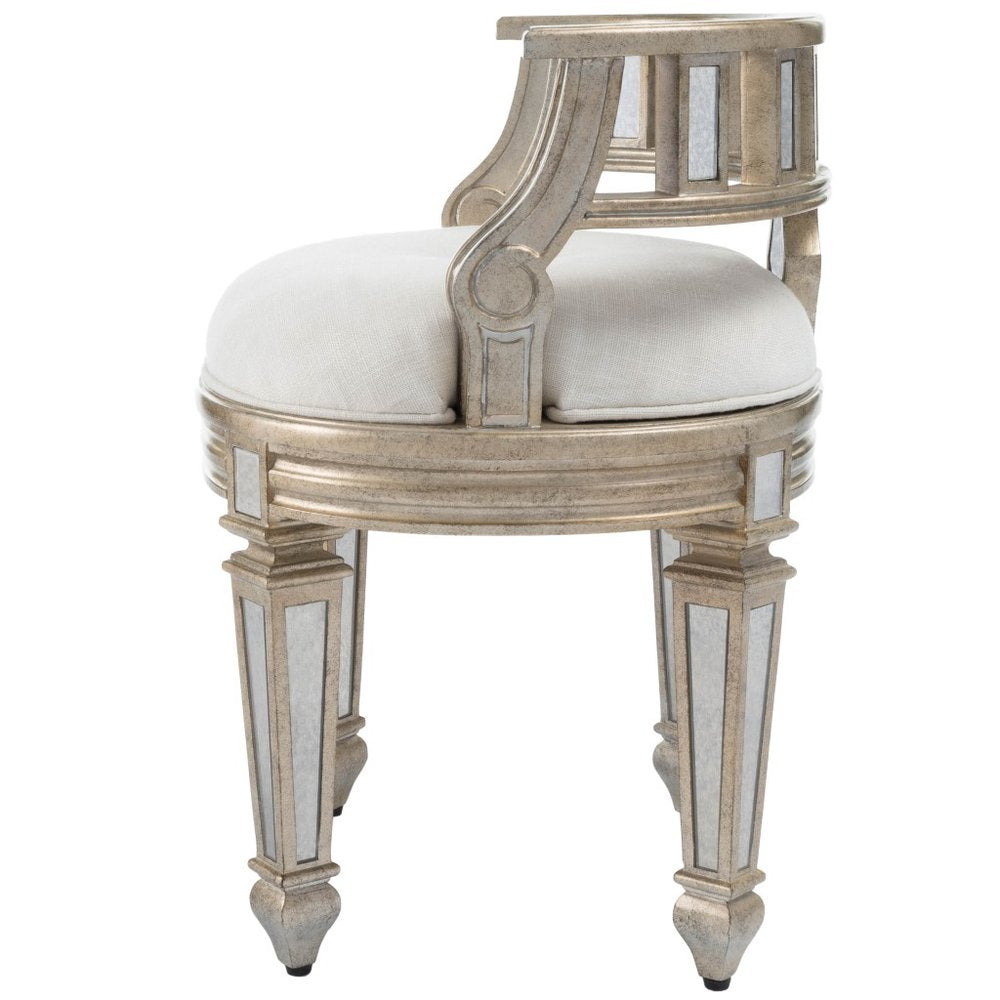Cream Linen and Silver Metallic Round Ottoman - 21-inch