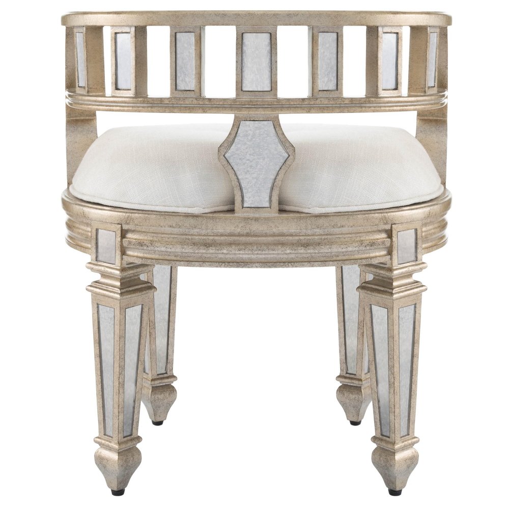 Cream Linen and Silver Metallic Round Ottoman - 21-inch