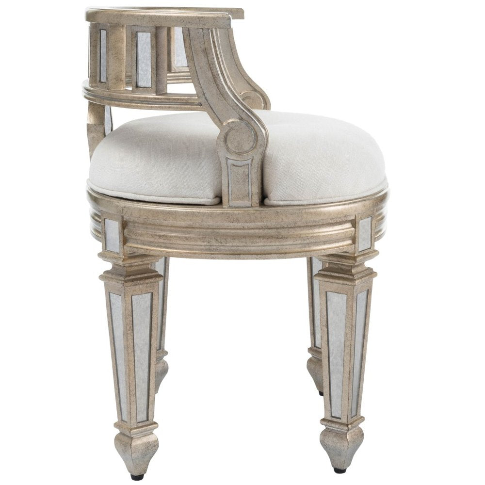 Cream Linen and Silver Metallic Round Ottoman - 21-inch