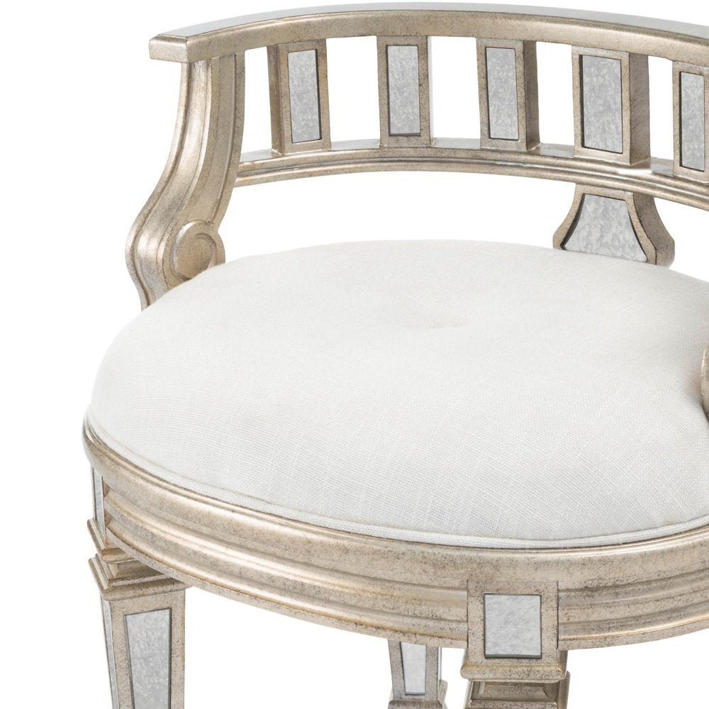 Cream Linen and Silver Metallic Round Ottoman - 21-inch