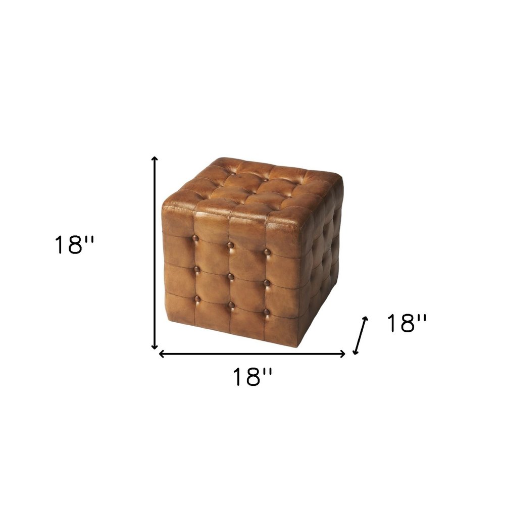Brown Tufted Leather Vintage Style Cube Ottoman - 18-inch