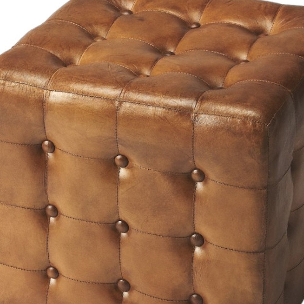 Brown Tufted Leather Vintage Style Cube Ottoman - 18-inch