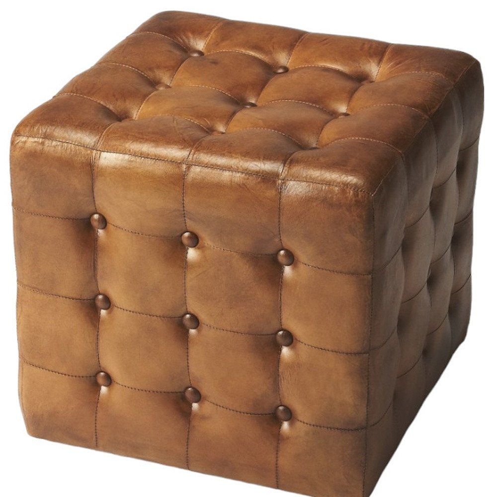 Brown Tufted Leather Vintage Style Cube Ottoman - 18-inch