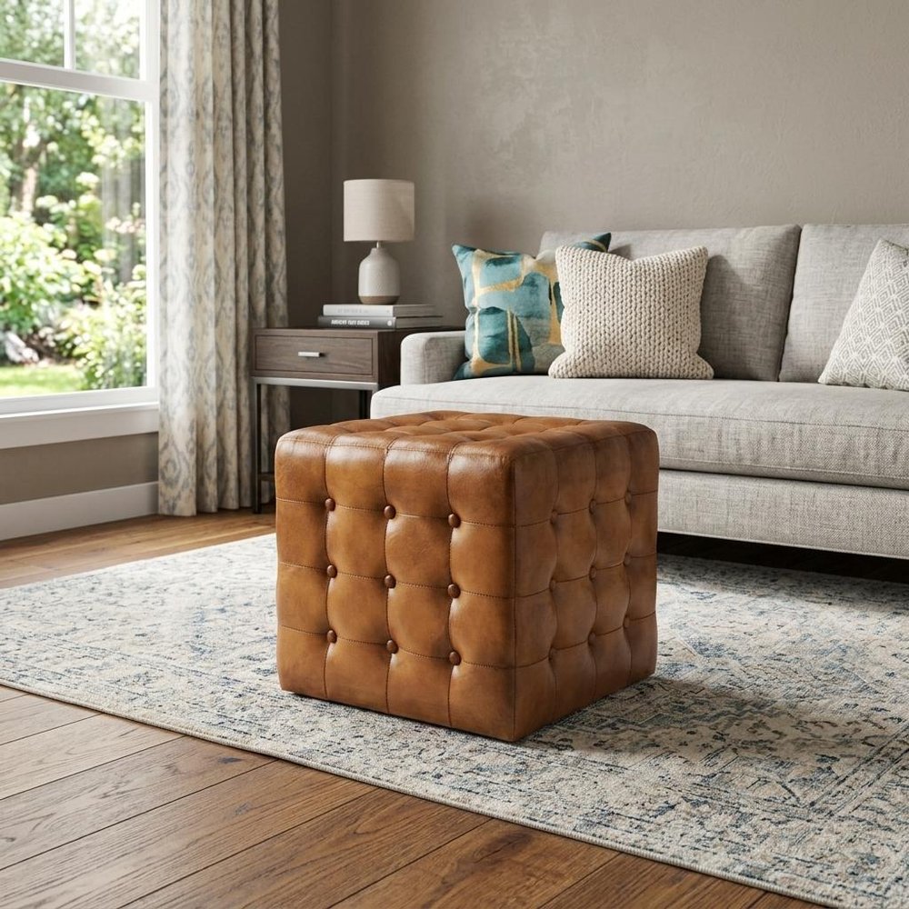 Brown Tufted Leather Vintage Style Cube Ottoman - 18-inch