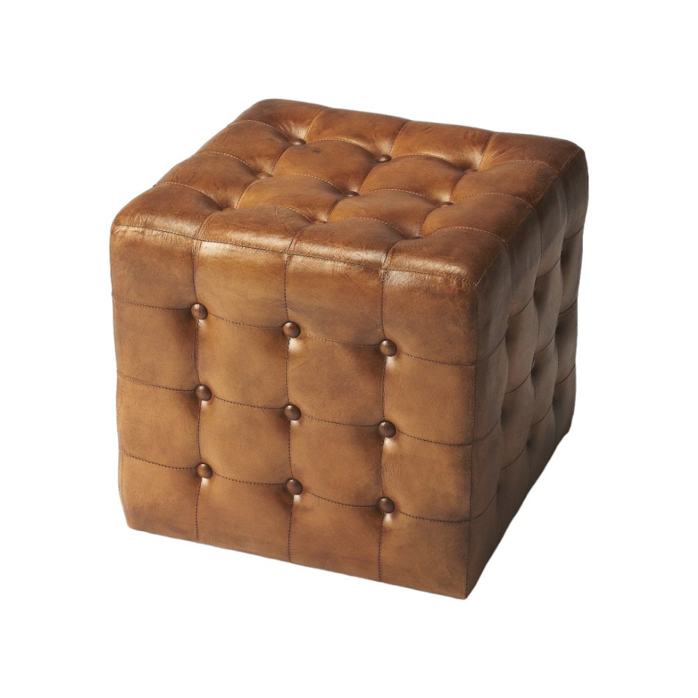Brown Tufted Leather Vintage Style Cube Ottoman - 18-inch