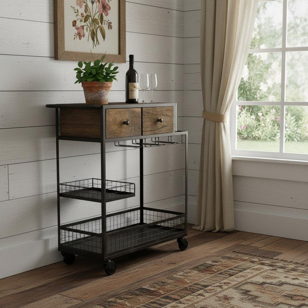Rolling Rustic Black and Natural Bar Cart