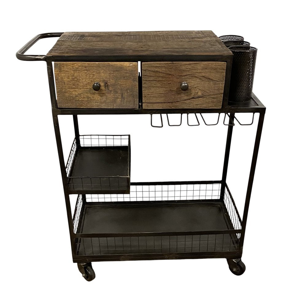 Rolling Rustic Black and Natural Bar Cart