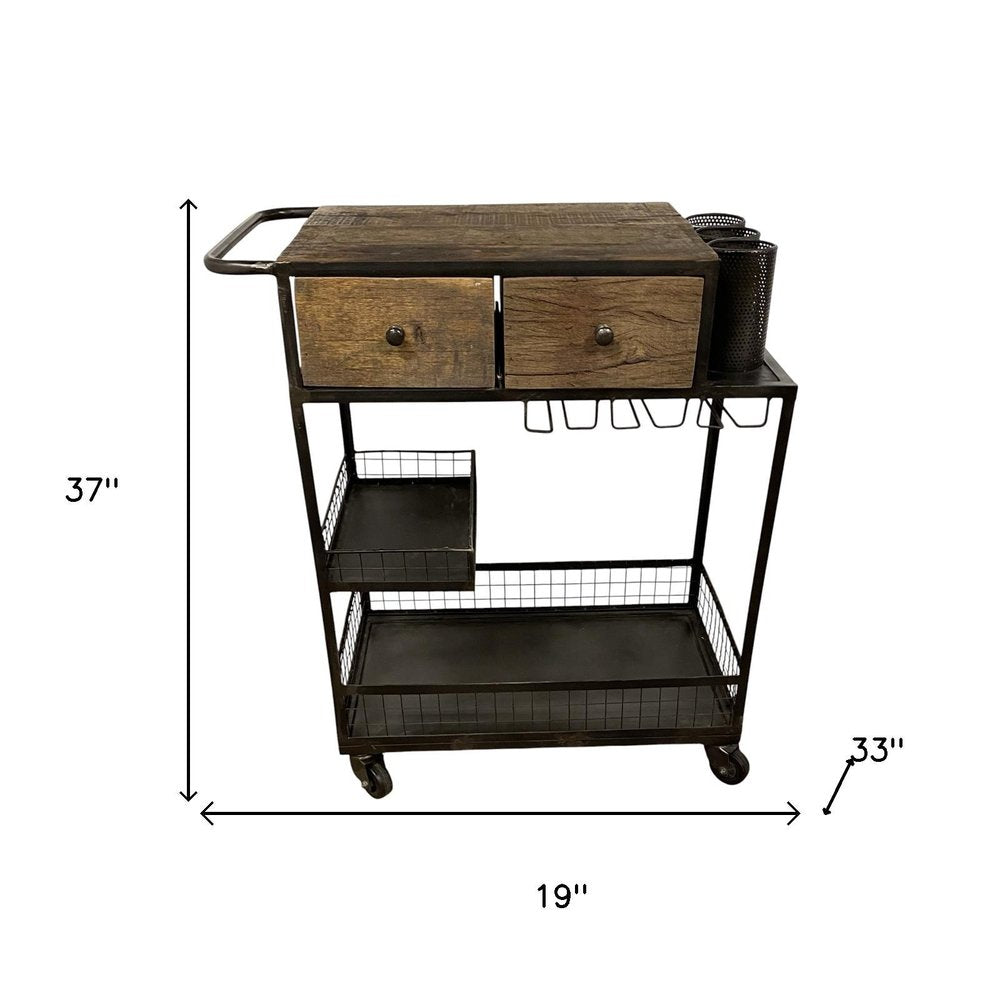 Rolling Rustic Black and Natural Bar Cart