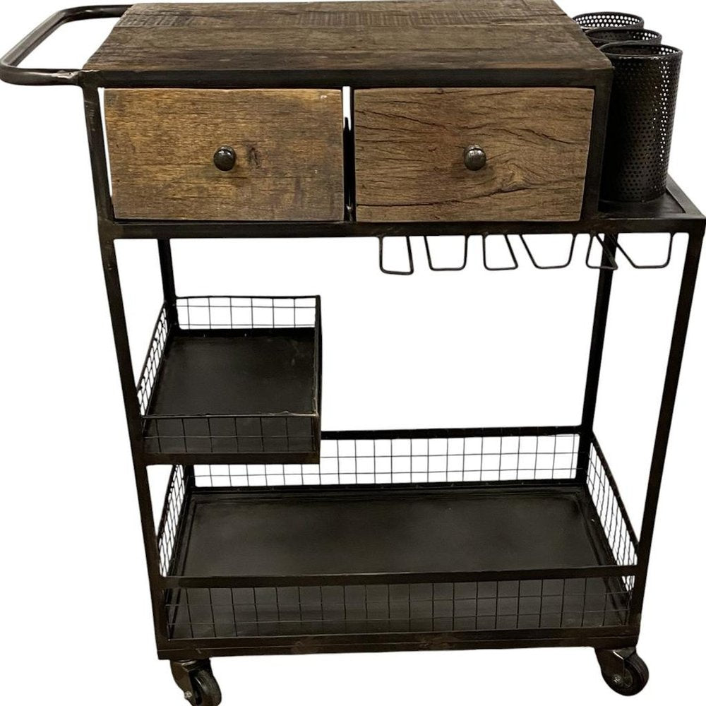 Rolling Rustic Black and Natural Bar Cart