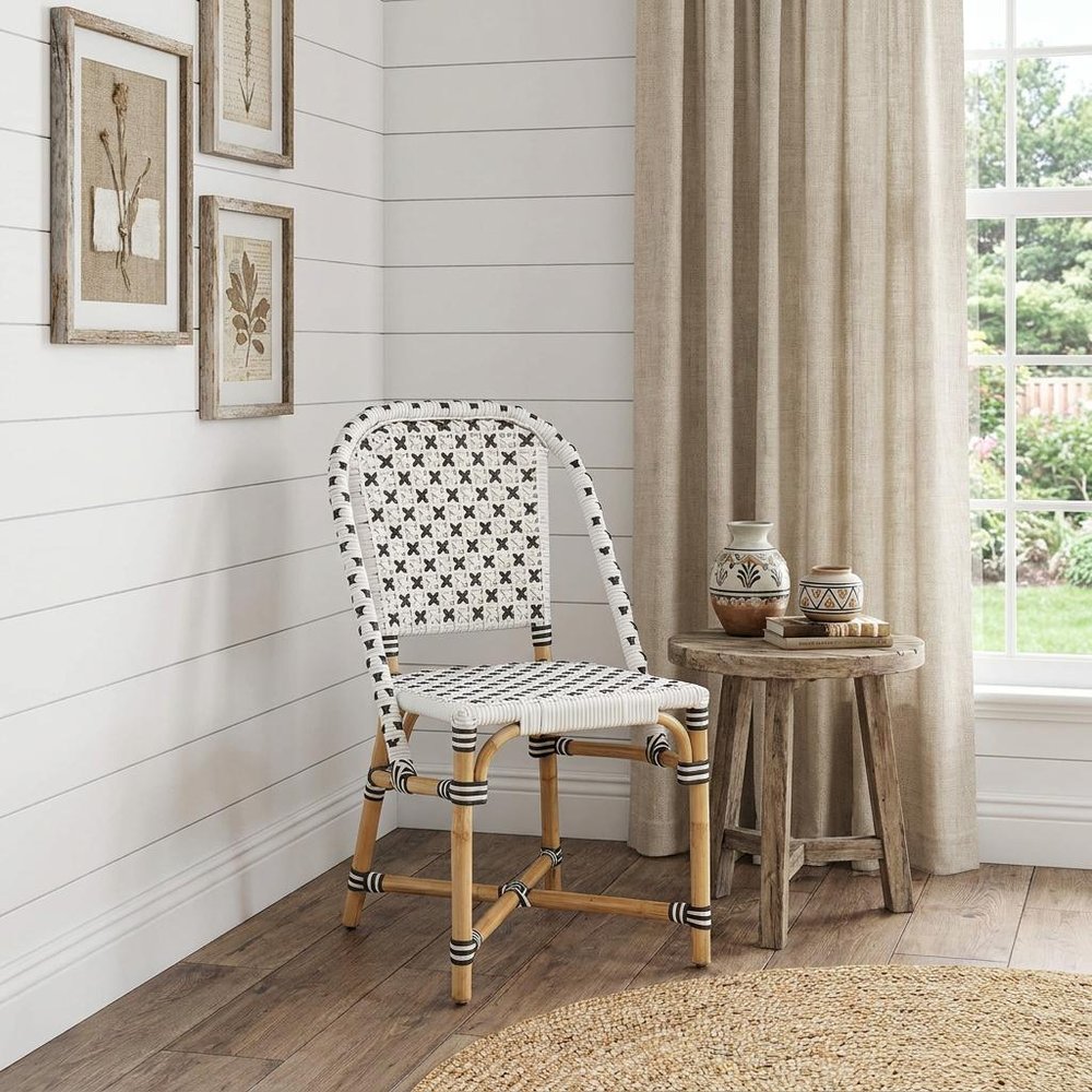 Black and White Woven Faux Rattan Outdoor Dining Chair - 21-inch