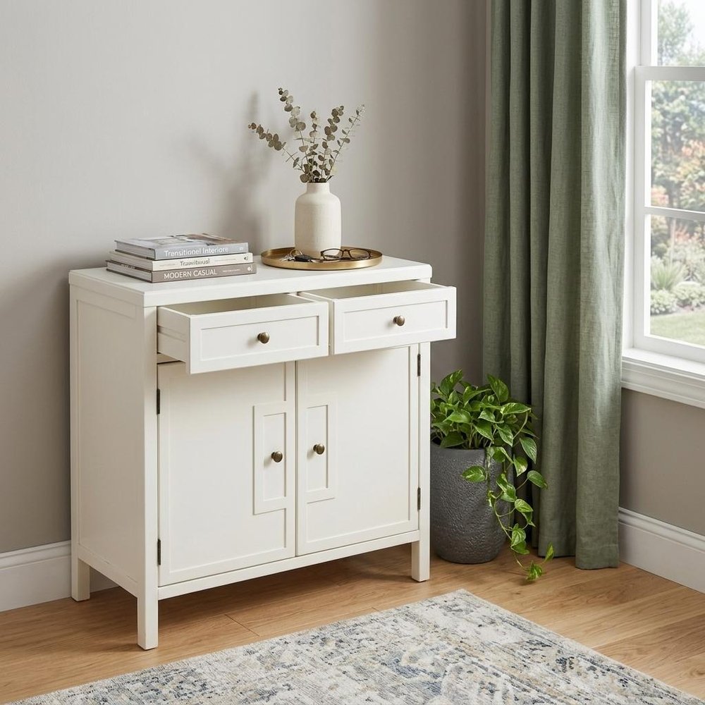 White Solid Wood Two Drawer Sideboard with Two Doors - 31-inch