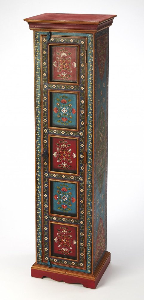 Red Blue and Gold Hand Painted Accent Cabinet - 60-inch