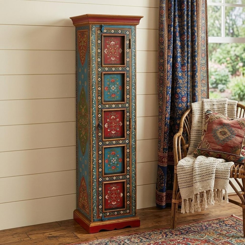 Red Blue and Gold Hand Painted Accent Cabinet - 60-inch
