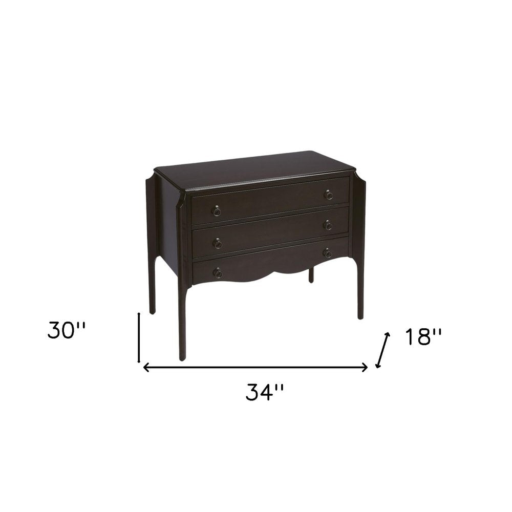 Dark Brown Solid Wood Three Drawer Dresser - 34-inch