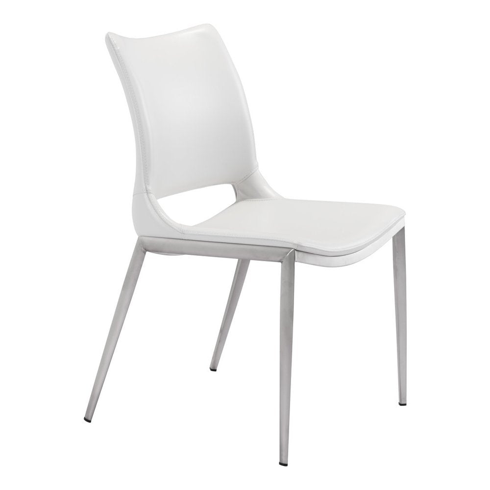 Set of Two White and Silver Upholstered Faux Leather Dining Side Chairs