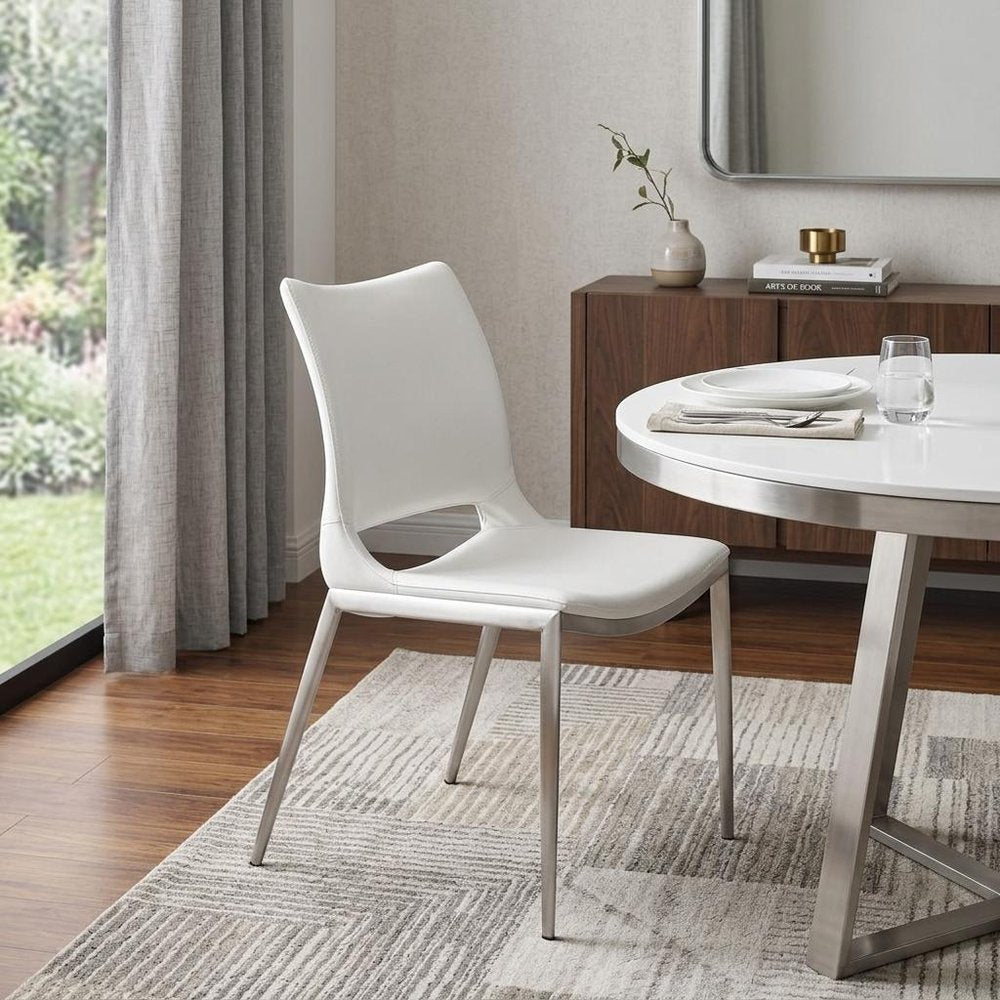 Set of Two White and Silver Upholstered Faux Leather Dining Side Chairs