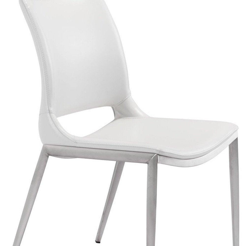 Set of Two White and Silver Upholstered Faux Leather Dining Side Chairs