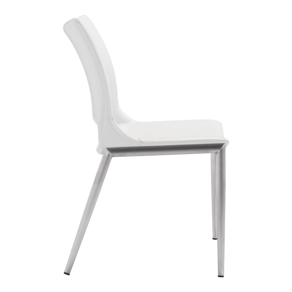 Set of Two White and Silver Upholstered Faux Leather Dining Side Chairs