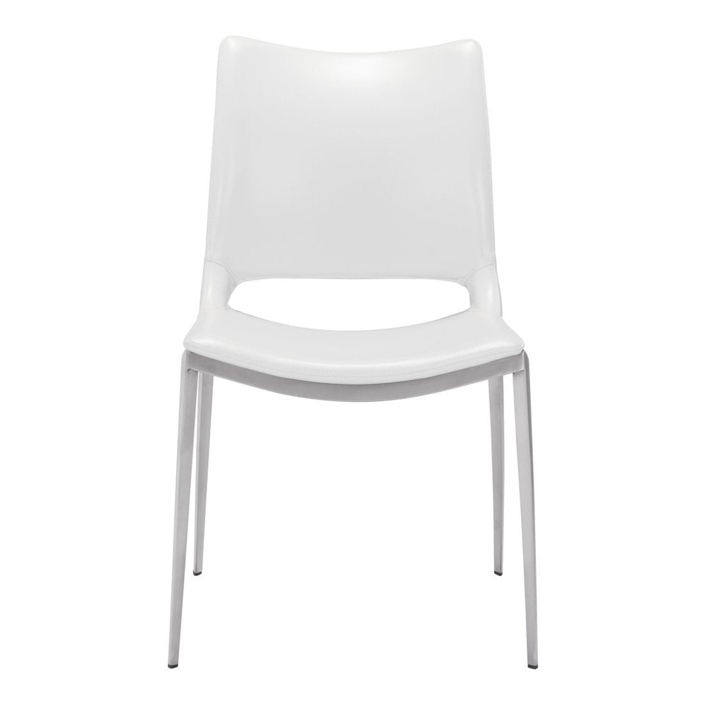 Set of Two White and Silver Upholstered Faux Leather Dining Side Chairs