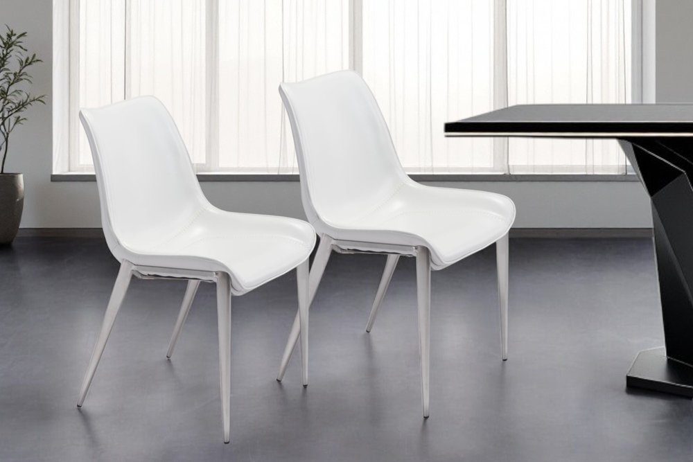 Set of Two White and Silver Upholstered Faux Leather Open Back Dining Side Chairs