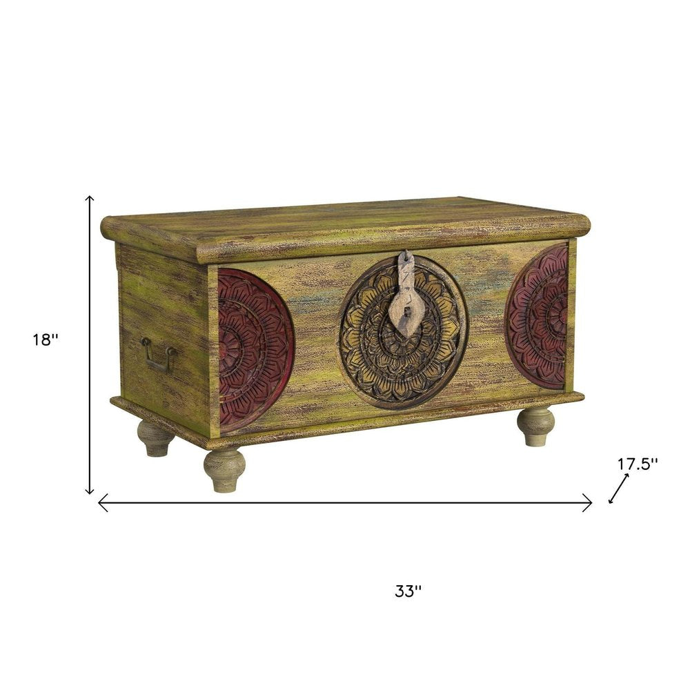 Brown and Green Wood Distressed Coffee Table - 33-inch